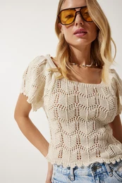 Happiness stanbul Women's Cream Openwork Knitwear Blouse