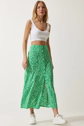 Happiness stanbul Women's Green Patterned Slit Viscose Skirt