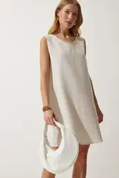 Happiness stanbul Women's Cream Summer Linen Viscose Bell Dress