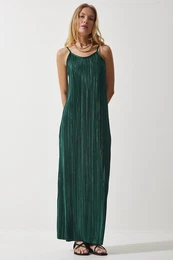 Happiness stanbul Women's Emerald Green Strappy Summer Pleated Dress