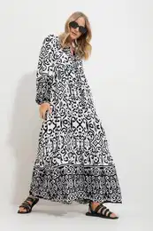 Trend Alaat Stili Women's Black Big Collar Shawl Patterned Maxi Length Dress