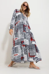 Trend Alaat Stili Women's Cinnamon Big Collar Shawl Patterned Maxi Length Dress