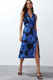 Blue Patterned Gathered Double Breasted V Neck Flexible Knitted Midi Dress