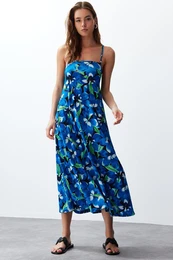 Blue Printed Adjustable Straps Square Neck A-Line Crepe/Textured Knit Maxi Dress