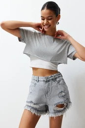 Gray Ripped Detailed High Waist Denim Shorts