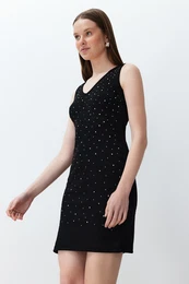 Black Stone Detailed Bodycone/Fitting V-Neck Mini Flexible Knitted Pencil Dress