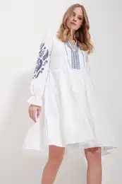Women's White Judge Collar Lined Embroidery Embroidered Dress