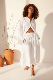 White 100% Linen Elastic Waist Midi Skirt
