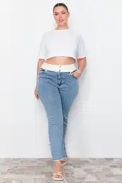 Curve Light Blue Waist Belt Detailed Straight Fit Jeans