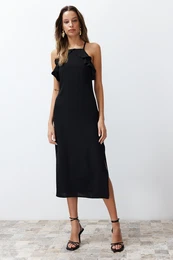 Black Straight Cut Ruffle Detail Maxi Woven Dress