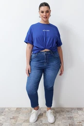 Curve Saks Slogan Printed Oversize 100% Cotton Knitted Plus Size T-shirt