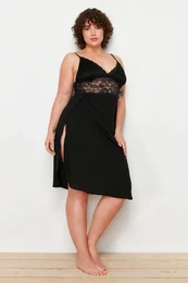 Curve Black Lace and Slit Detailed Knitted Nightgown
