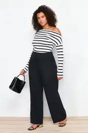 Curve Black High Waist Wide Leg Wide Leg Woven Fabric Trousers