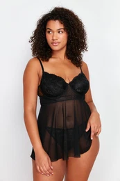 Curve Black High Waist Underwire Babydoll & Thong Set