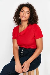 Curve Red Asymmetric Collar Knitted Blouse