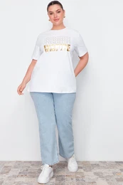 Curve White Gold Metal Printed Boyfriend Knitted T-shirt