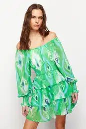 Green Floral Skater Madonna Neck Chiffon Lined Mini Woven Dress