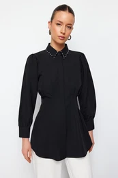 Black Waist Fitted Pearl Detail Woven Shirt
