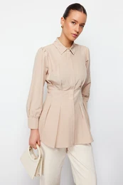 Stone Waist Fitted Pearl Detailed Woven Shirt