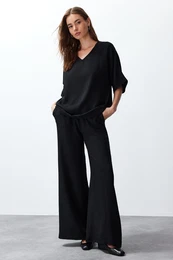 Black V-Neck Woven Blouse-Pants Set