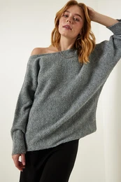 Happiness stanbul Women's Gray Boat Neck Seasonal Oversize Knitwear Sweater