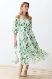 Madonna Collar Chiffon Maxi Woven Dress with Green Floral Skirt Opening at the Waist