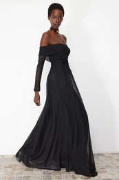 Black A-Line Carmen Collar Knitted Tulle Long Elegant Evening Dress