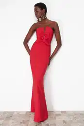 Red Bow Detailed Woven Long Elegant Evening Dress