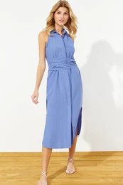 Indigo Belted Midi Woven Shirt Dress