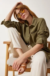 Happiness stanbul Women's Khaki Pocket Oversize Muslin Shirt
