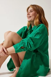 Happiness stanbul Women's Green Pocket Oversize Muslin Shirt