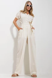 Trend Alaat Stili Women's Cream Front Buttoned Double Pocket Mikanos Linen Jumpsuit