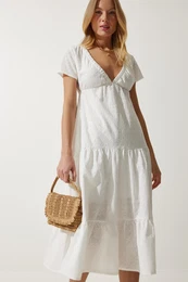 Happiness stanbul Women's Ecru Deep V Neck Summer Scalloped Dress