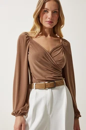 Happiness stanbul Women's Dark Beige Elastic Balloon Sleeve Sandy Knitted Blouse