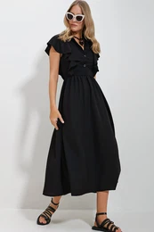 Trend Alaat Stili Women's Black Shirt Collar Half Placket Ruffle Detailed Hidden Zipper Midi Dress