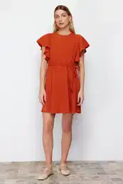 Tile Belted Mini Woven Dress with Flounce Sleeves Opening at the Waist