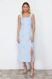 Blue Embroidered Skirt Waist Opening Square Collar Midi Woven Dress