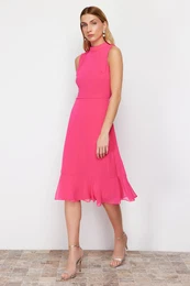 Fuchsia A-line Skirt Flounce Midi Woven Dress