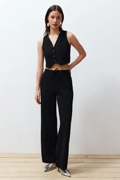 Black Buttoned V Neck Wide Leg Knitted Vest/Pants Top-Bottom Set