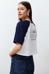 White 100% Cotton Color Block Slogan Printed Relaxed Crop Knitted T-Shirt