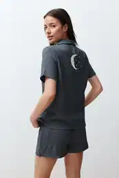 Anthracite Back Star and Moon Printed Satin Shorts Woven Pajama Set