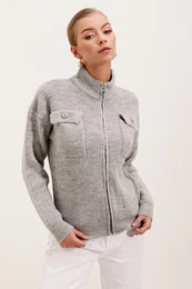 15862 Pocket Detailed Zippered Knitwear Cardigan - Gray