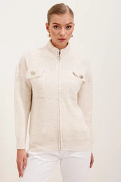 15862 Pocket Detailed Zippered Knitwear Cardigan - Ecru
