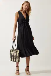 Happiness stanbul Women's Black Deep V Neck Thick Straps Knitted Dress