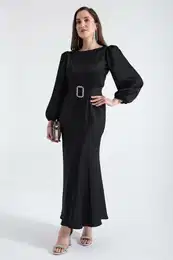 Women's Black Belted Midi Satin Evening Dress