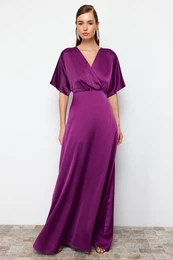 Plum A-Cut Woven Satin Long Elegant Evening Dress