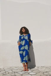 Curve Blue Fish Patterned Slit Detailed Balloon Sleeve Woven Beach Dress