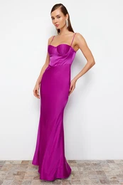 Fuchsia Fitted Corset Detailed Woven Satin Long Evening Evening Dress