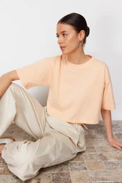 Premium Peach Relaxed Fit 100% Cotton Crop Knit T-Shirt