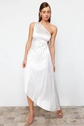 Ecru Asymmetrical Pleat Detailed Knitted Satin Elegant Evening Dress